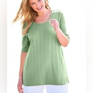 Woman Within Green Pointelle Knit Short Sleeve Sweater NWOT Plus Size 1X 22/24